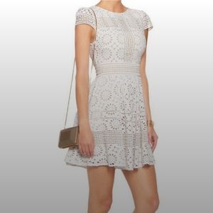 Alice + Olivia Imani Eyelet Lace Short Sleeve Dress in Off White Natural